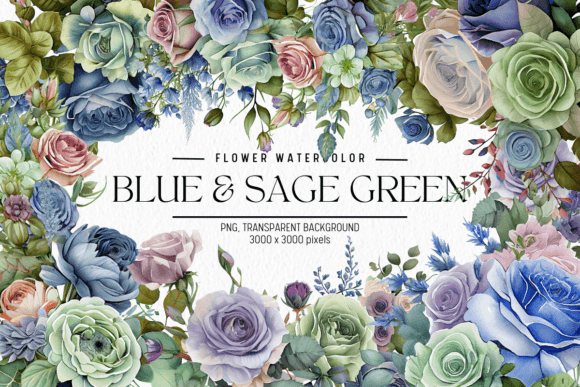 Download Blue &amp; Sage Green Flowers Watercolor - Premium Resources